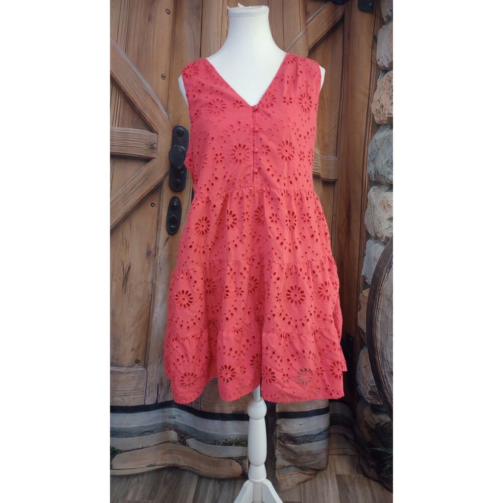 Time and Tru Red Eyelet Embroidered Cotton Shift Midi Dress Round Neck L Zip